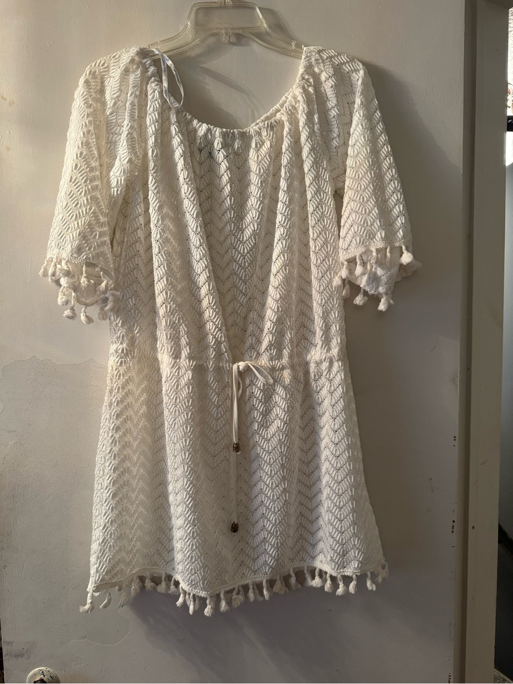 blue island Cream Crochet Tassel Mini Dress